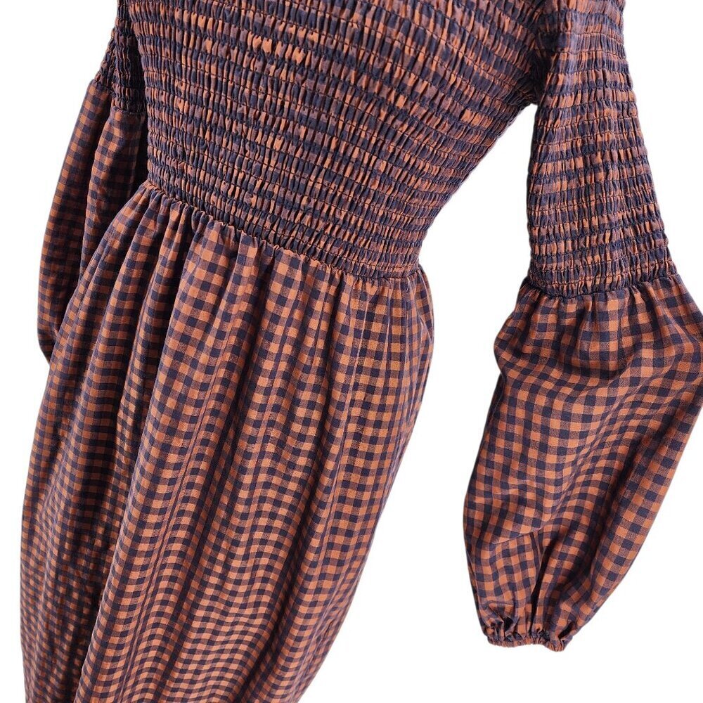 Pamela Love Womens Dress XL Midi Checker Brown Navy Blue Balloon Sleeve Boho - Picture 6 of 10